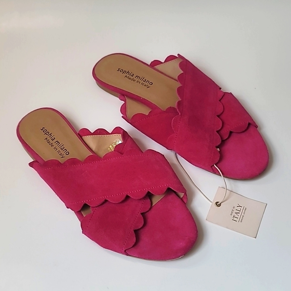 New Sophia Milano Suede pink flat slip on shoes sandals Italy US 8 EU 38
